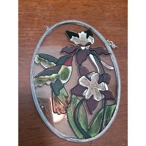 Vintage Hummingbird Purple Green Iris Flowers Stained Glass Suncatcher